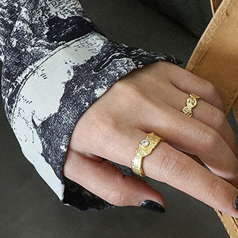 Hammered Metal Ring with Zircon Accent